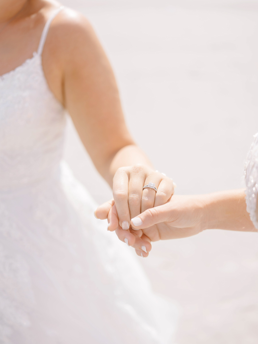 brides holding hands with ring