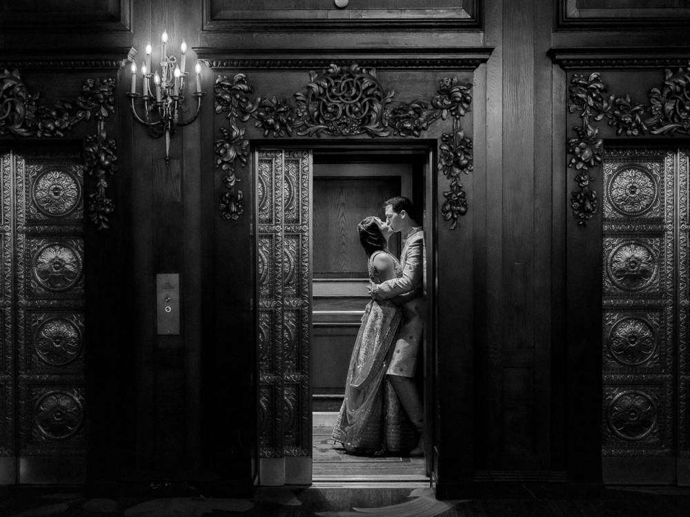 Indian Wedding Black and White Portrait in Elevator at Omni Parker House in Boston