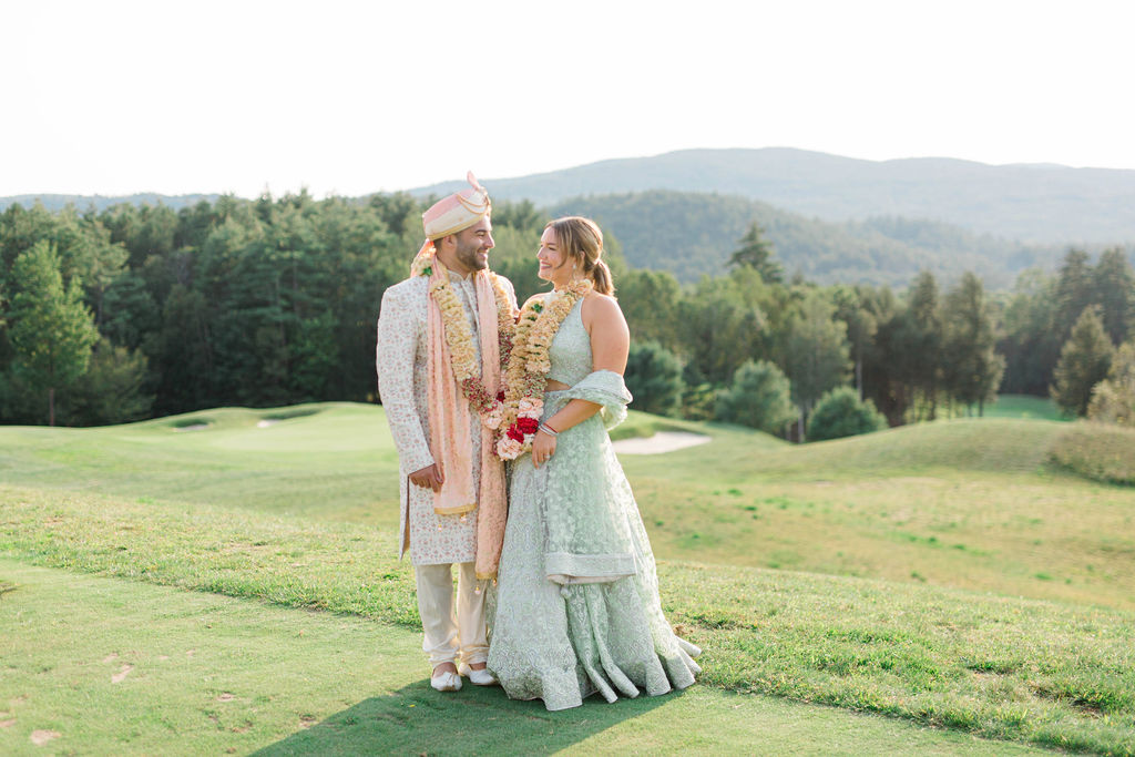 Bride and groom together at an Indian wedding at Owl’s Nest Resort in New Hampshire